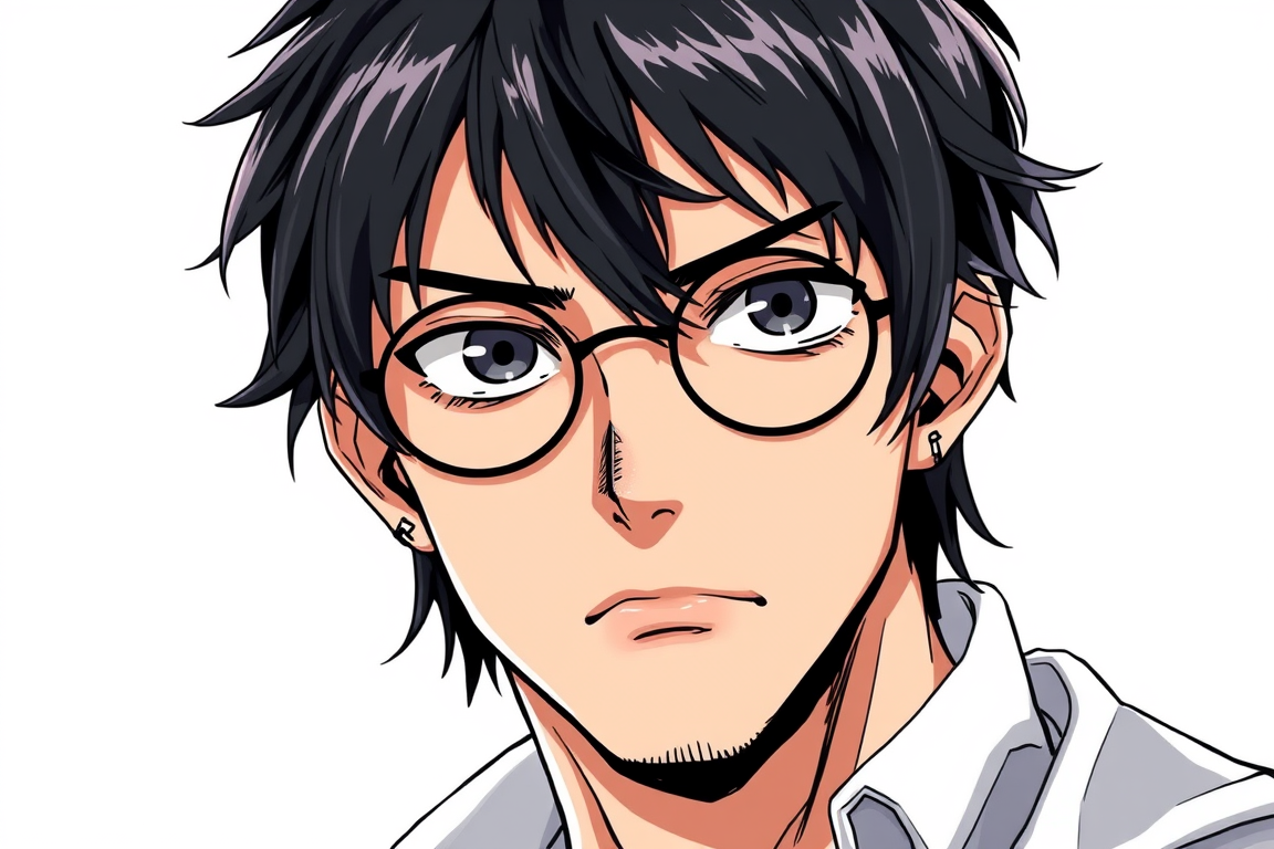 Anime idea: anime style, vibrant colors, expressive eyes, Dans un style manga japonais (pas de planche de manga) génère l'image d'un homme de 25 ans, assez grand,