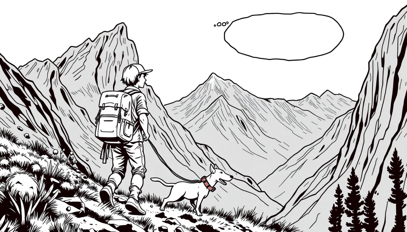AI Comic idea created from the prompt: comic panel, bold inks, halftone shading, speech-bubble ready composition, Dibuja un cómic escolar de aventura. Un joven explorador está cam