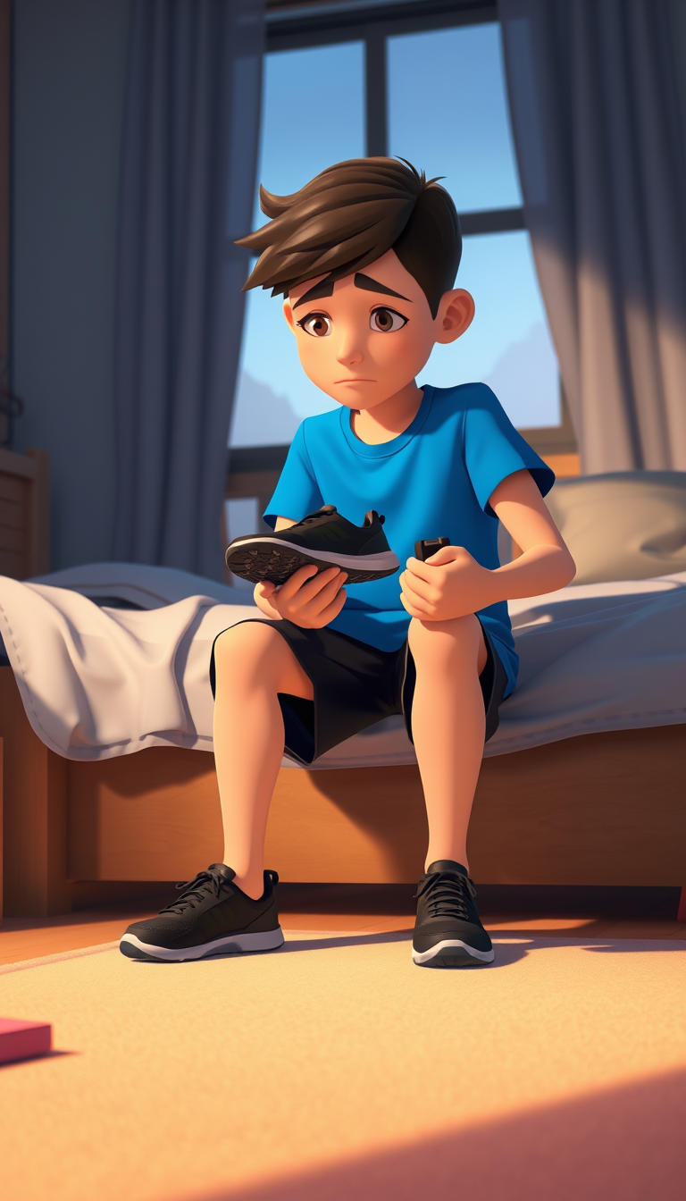 Main art studio: Same boy from the reference, same blue T-shirt, black shorts and black running shoes. At home, he sits sadly after losing the race. He looks at his ru