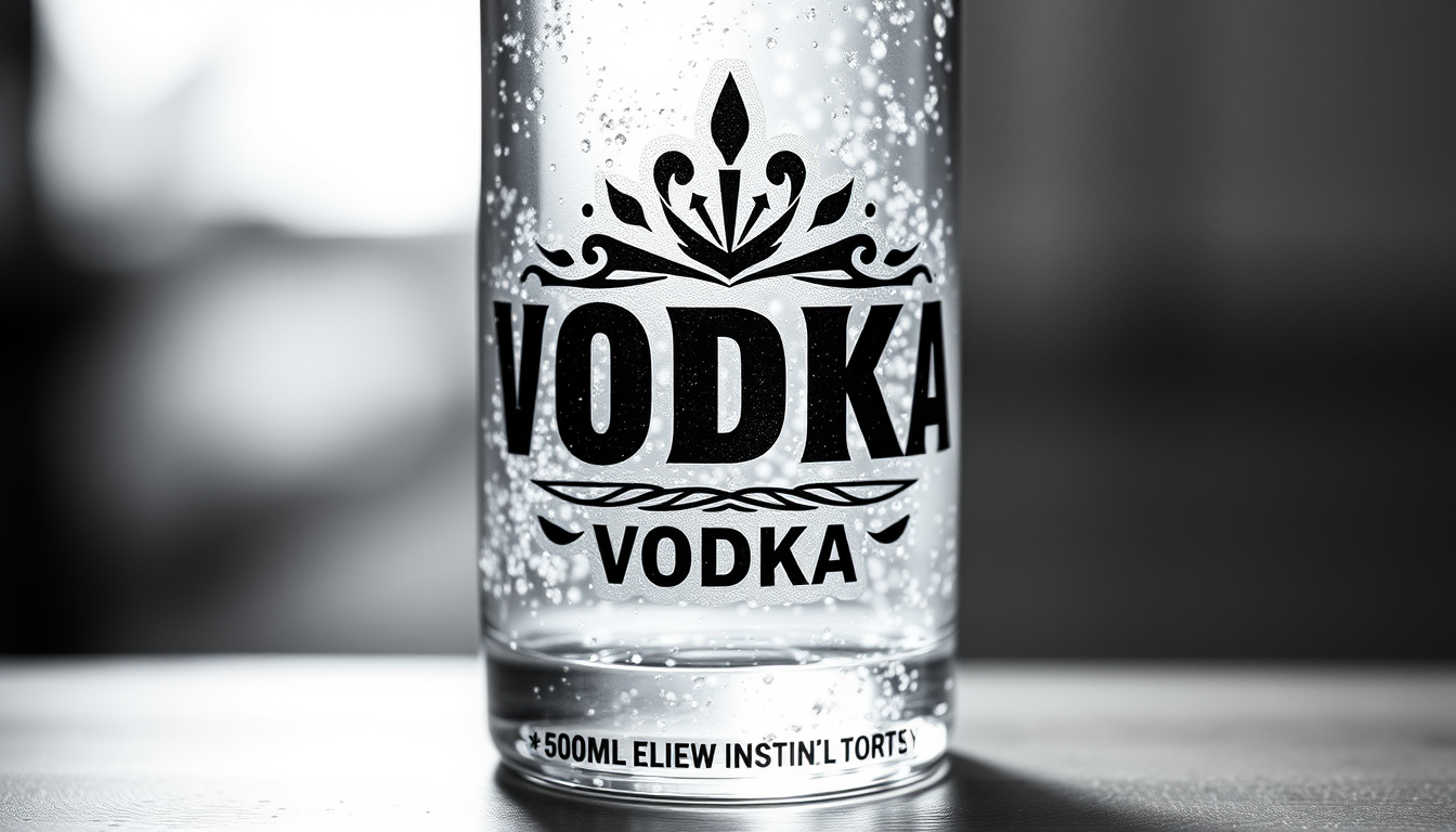 Main art studio: entwirf mir ein logo für eine flasche, quer, für einen 40% Vodka der sehr rein ist, für 500ml. sehr klar, düster fast maschinell für einen schwarz wei