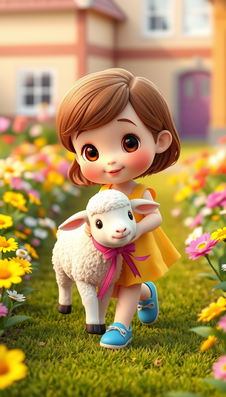 Main art studio: Cute little girl with brown hair, wearing a yellow dress and blue shoes, with a fluffy white lamb with a pink ribbon around its neck,adorable 3D child