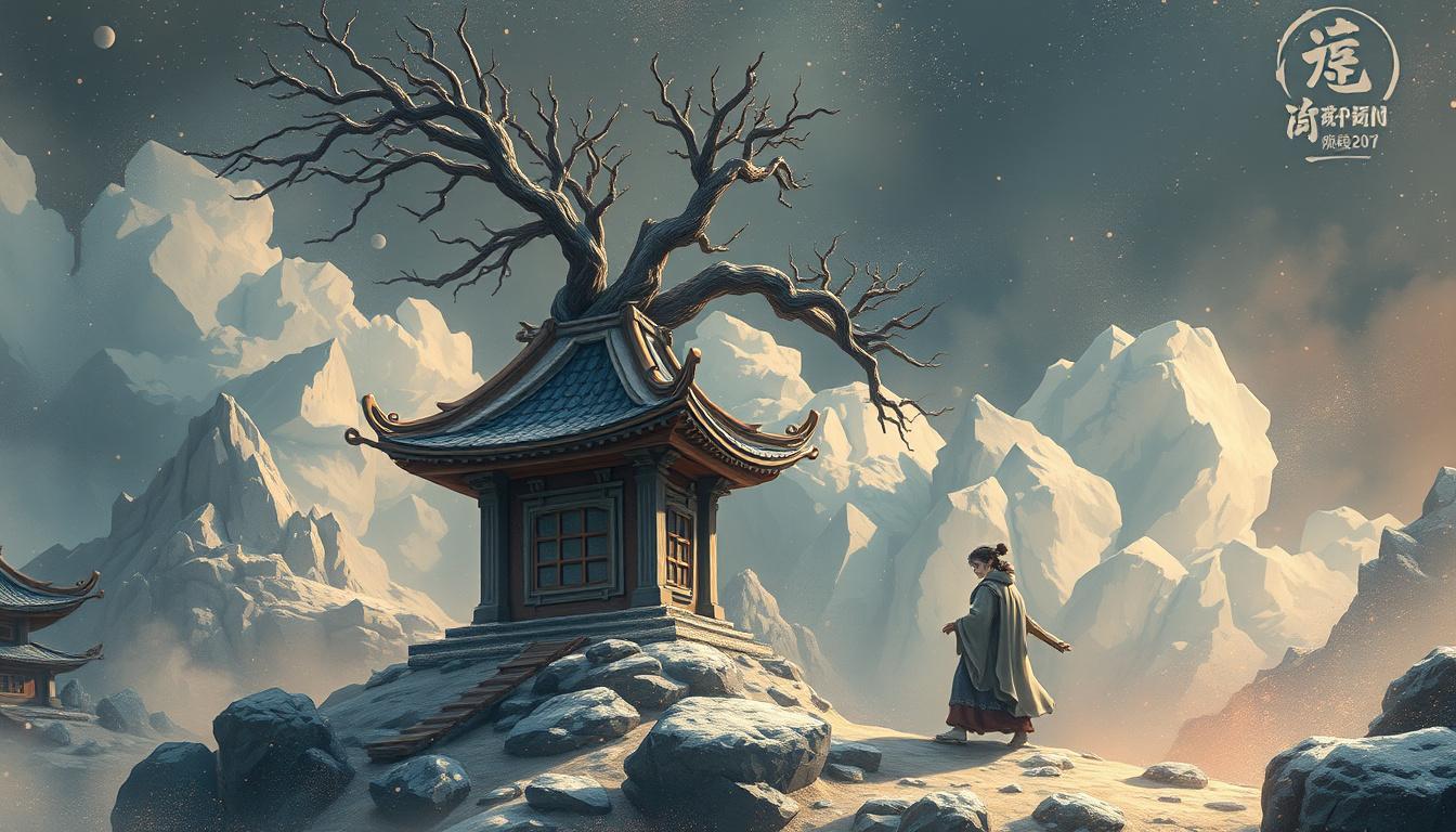 Main art studio: 桥已经断了。 孩子正踩在最后一块石头上。 前方还有一点距离。 但是： 他仍然往前走。左边是战争，右边是和平