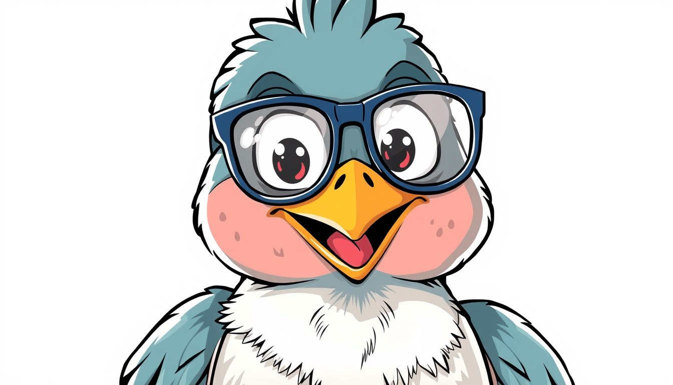 Main art studio: Ein freundlicher Vogel im Comic-Stil mit Brille, der Hintergrund ist weiß