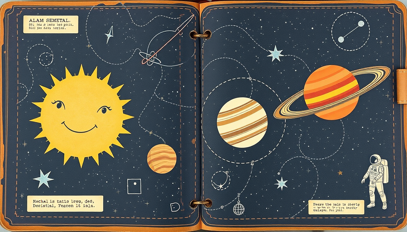 AI Art prompt example created from the prompt: Buat desain Art Journal bertema “Astronomi dan Alam Semesta” dalam bahasa Indonesia, terdiri dari 4 halaman terpisah. Gaya desain: vintage a
