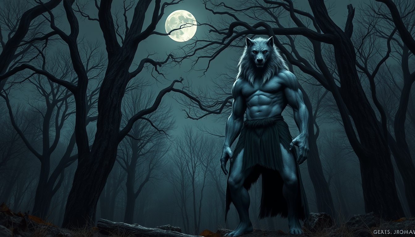 Main art studio: An upright, standing, muscular, fierce, and wild-looking King of Werewolves, Bedlam Blue, in a dense old oak forest, with a full moon above.