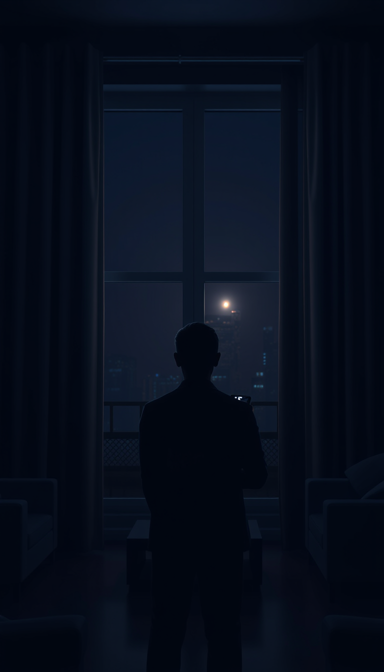 AI Art prompt example created from the prompt: First-person view standing several steps away from a large apartment window at night, heavy dark curtains covering most of the glass, faint