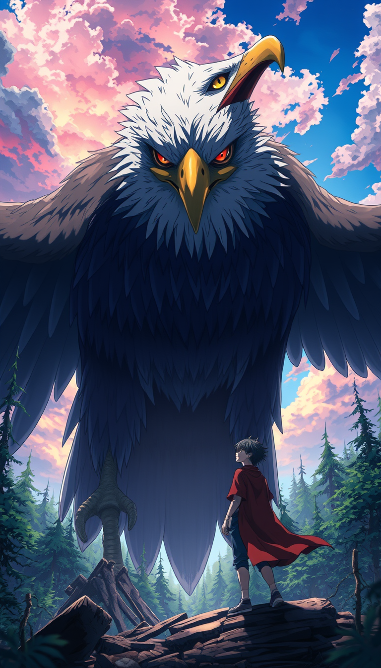 Anime idea: anime style, vibrant colors, expressive eyes, Anime, giant eagle facing a brave young man, ruined forest, dramatic sky, action pose, 9:16. , detailed 
