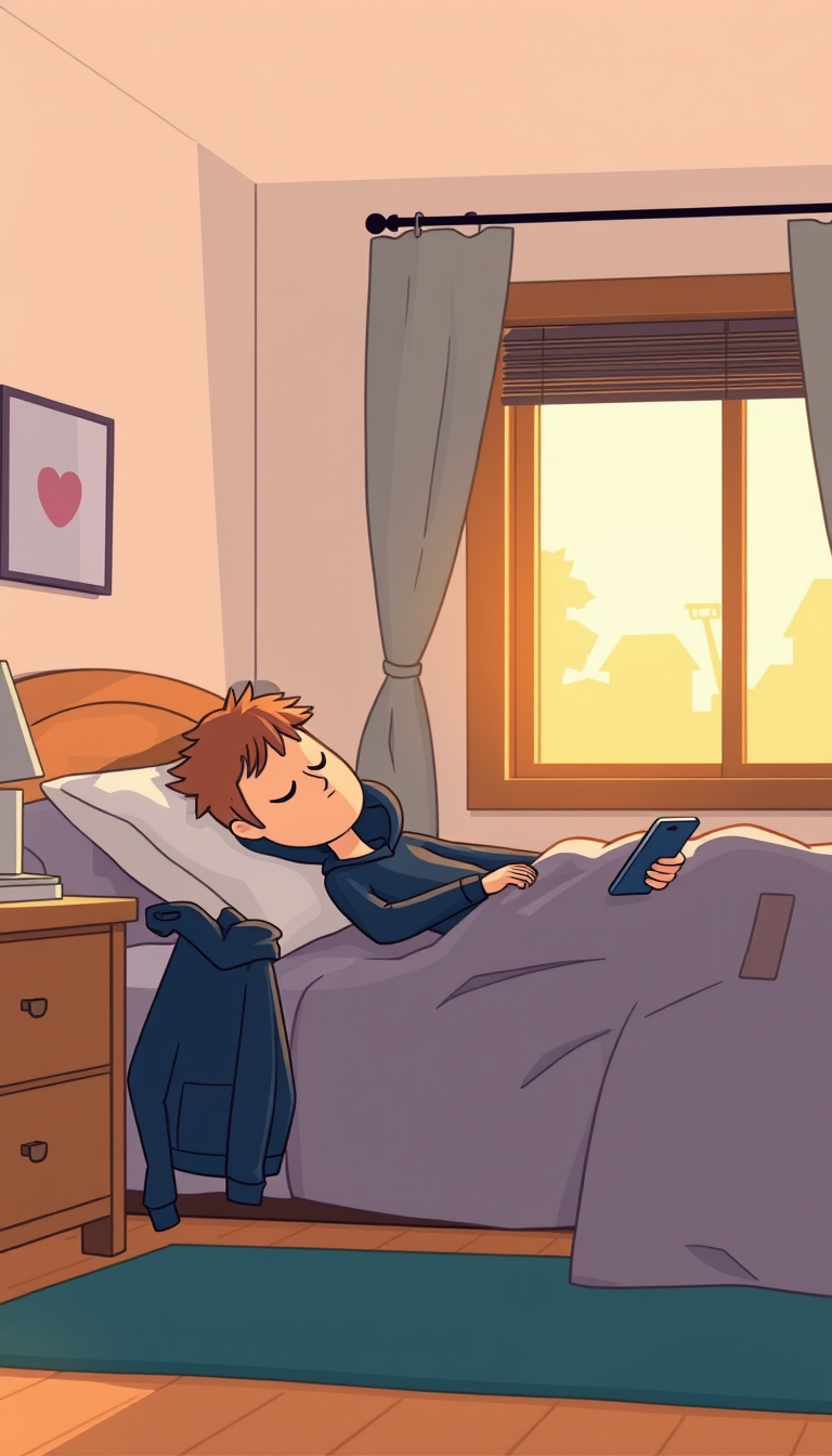 Main art studio: A teenage stickman named Alex sleeping peacefully in his bedroom on a Monday morning, lying in bed with his phone beside him, sunlight coming through 