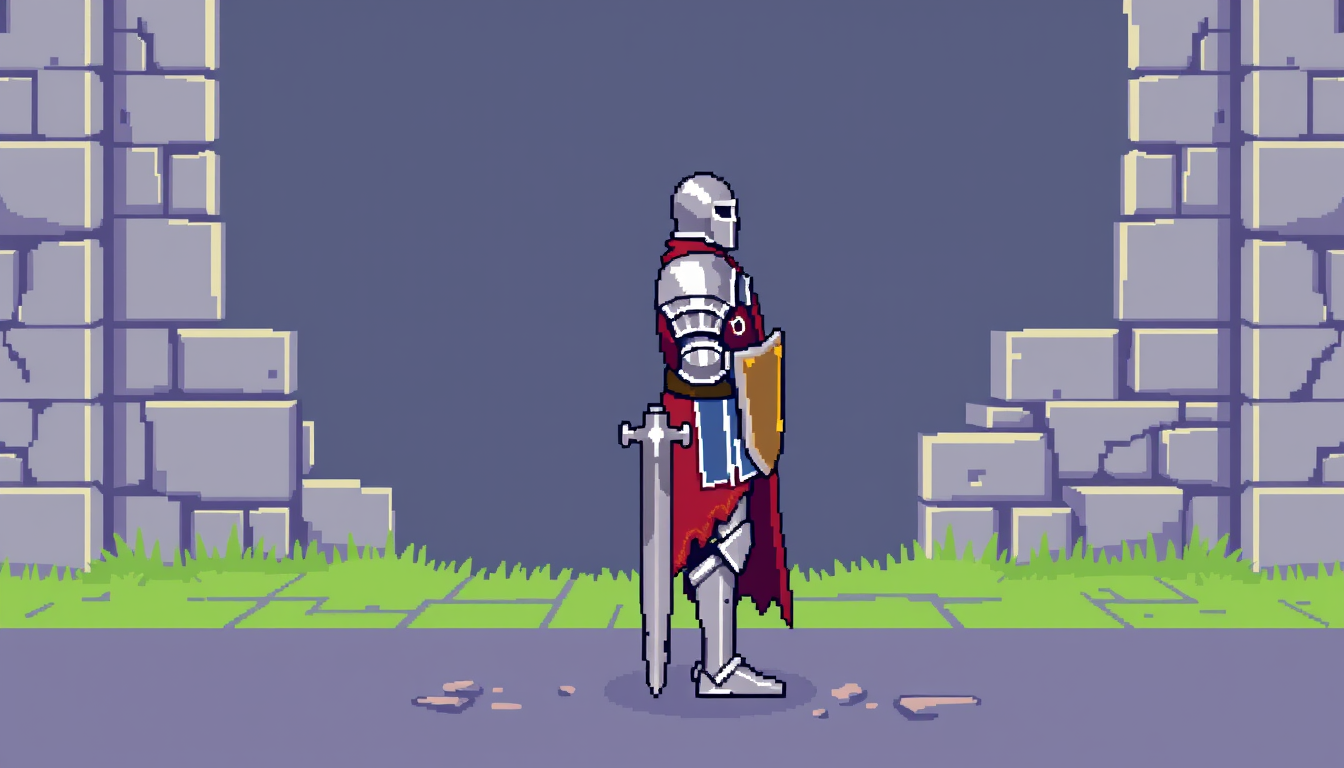 Pixel Art idea created from the prompt: pixel art, 32-bit retro style, limited color palette, clear readable design, Pixel, A knight in full armor standing, facing left, orthogonal