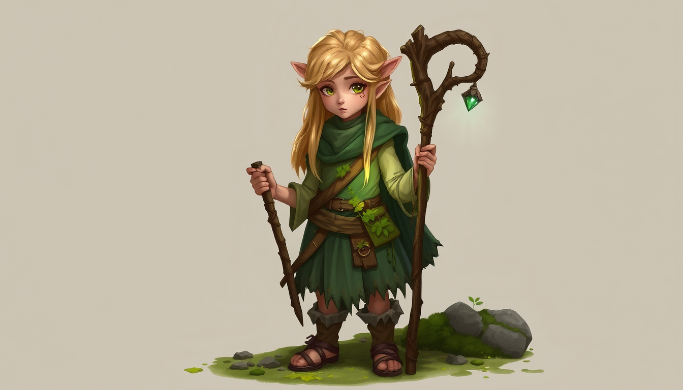 Npc idea: original non-player character concept, readable role and personality, distinctive practical costume, Leryai, Witch of the Forest. A short, light‑skinn