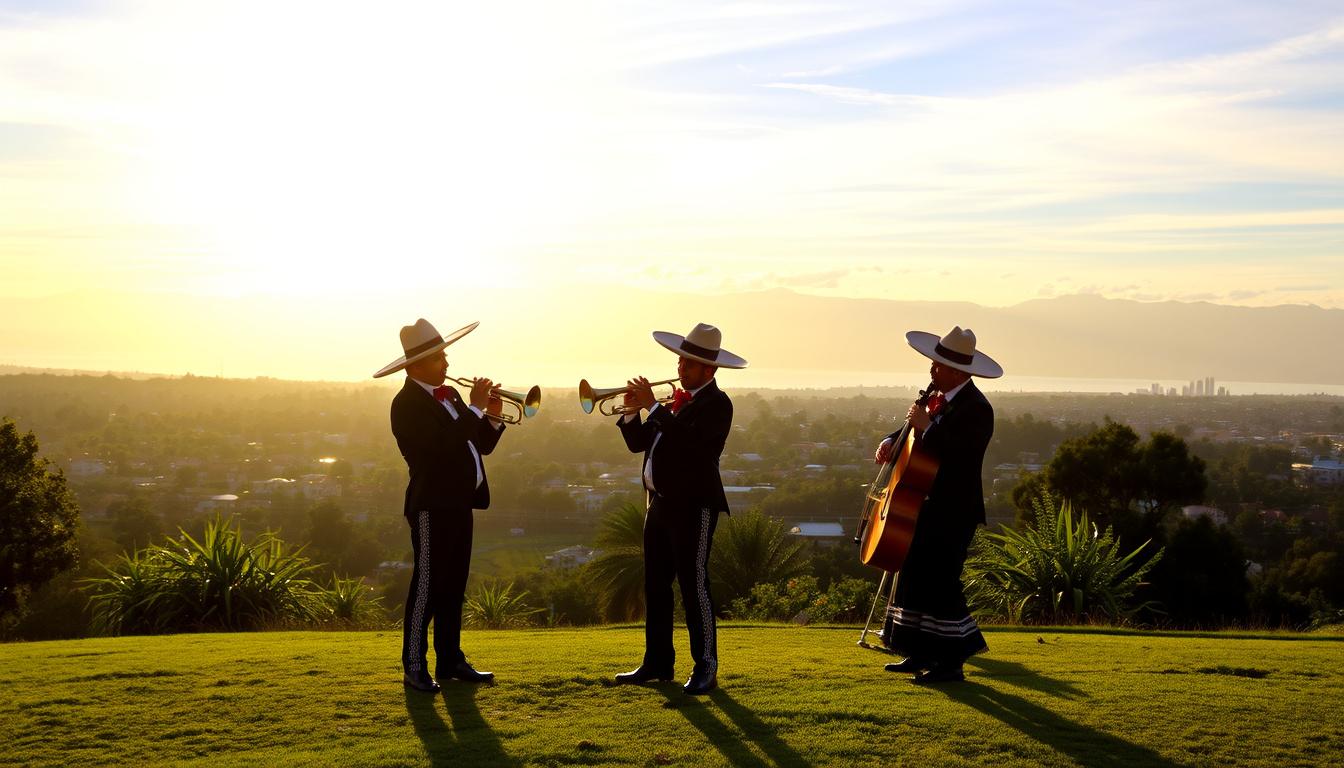 Main art studio: Quiero una imagen de dos mariachis tocando la trompeta suave Con un paisaje de un amanecer en un lugar bonito