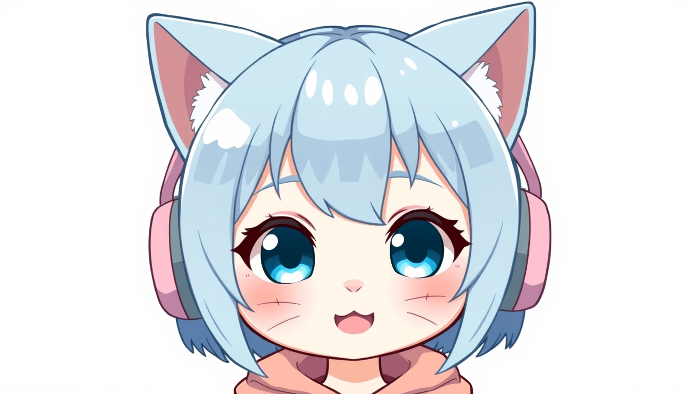 VTuber idea: vtuber avatar character, anime style, expressive face, streaming-ready design, chibi cat girl streamer with pastel blue hair , clean vtuber model illu
