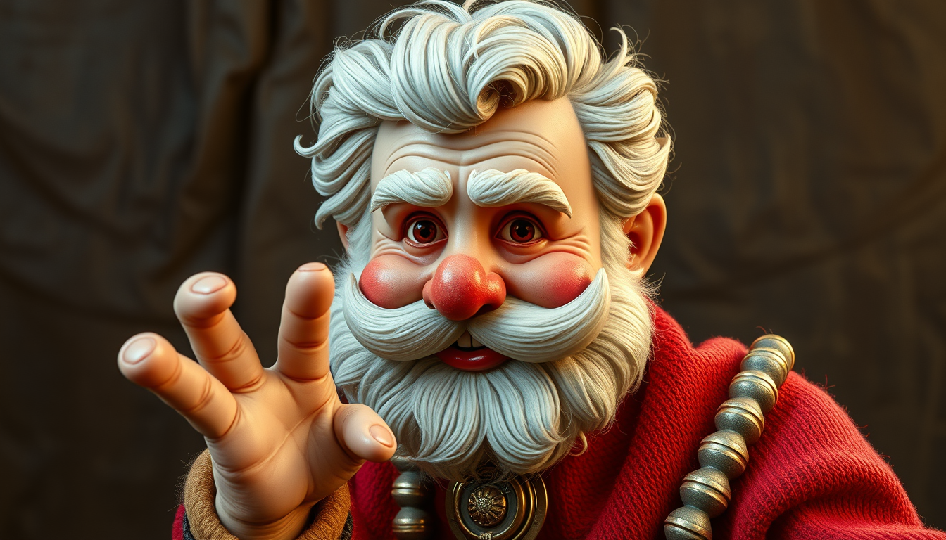 Main art studio: nonno puffo in versione mostro con occhi rossi, naso rosso con sangue che cola, testa quadrata, zanne, barba sporca, gambe corte, coltello sporco in m