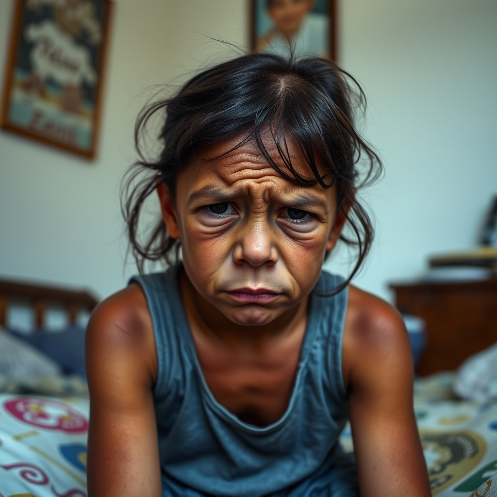 Main art studio: dark tanned 10 year old with girl dark brown hair sitting in a bedroom, head tilted down, very wrinkly, lots of wrinkles, wrinkled nose, wrinkles all 