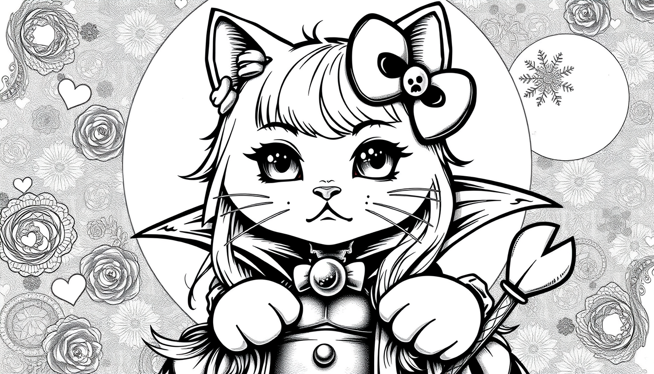 Main art studio: GENERE UN COLORIAGE HELLO KITTY VAMPIRE BAD BITCH QUI FAIS LA BELLE AVEC DES CHEVEUX ONDULER