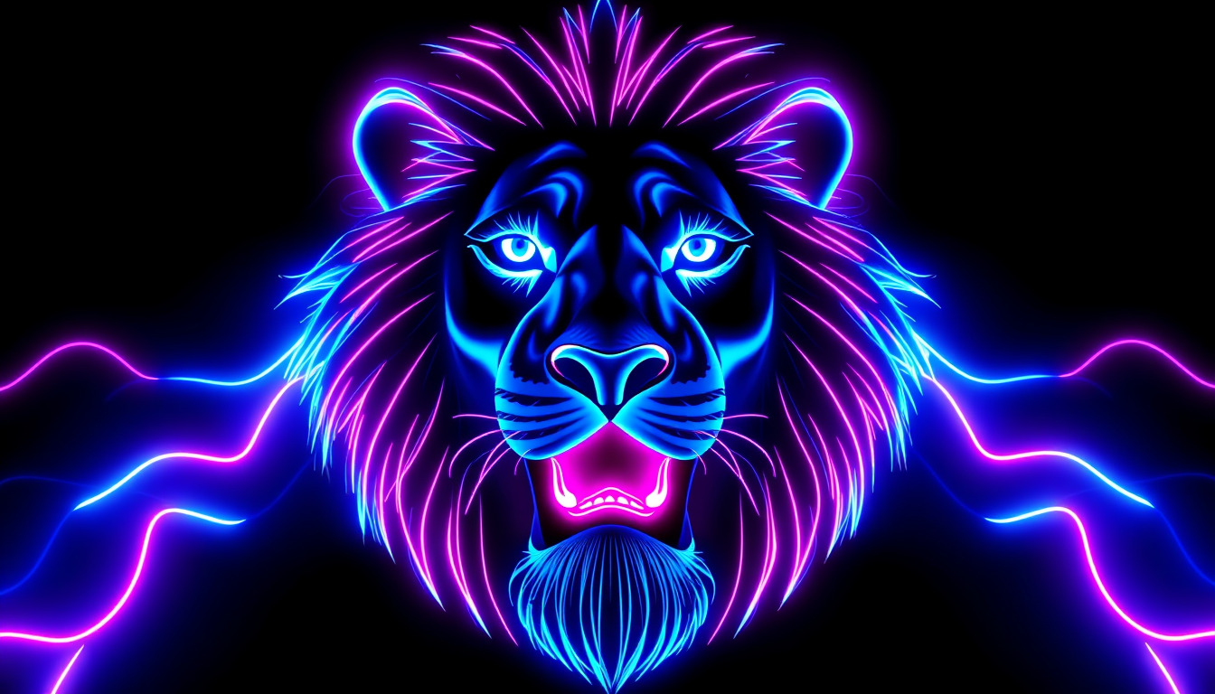 AI Art prompt example created from the prompt: Youtube channel "BluffPlays" with a neon lion make the neon blue and pink
