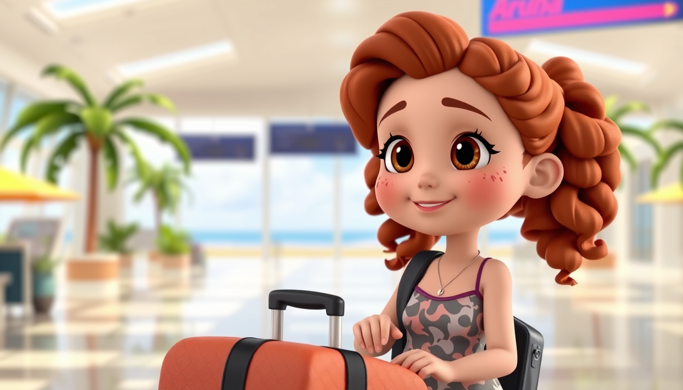 Main art studio: Scene 1: Sienna arrives in Aruba with her luggage. Cute 3D cartoon character, reddish-brown curly hair, brown eyes, freckles, stylish vacation outfit.