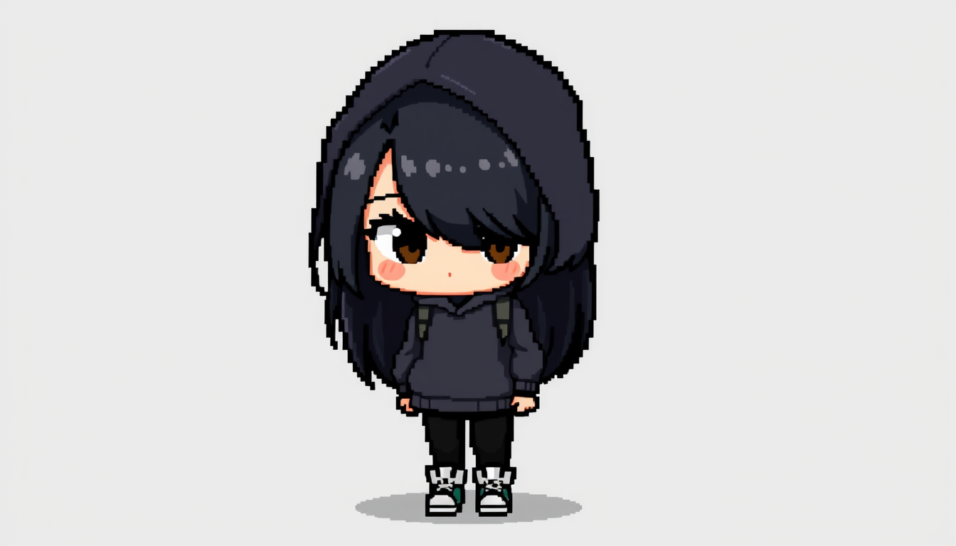 Main art studio: Tiny 2D pixel art game sprite, Roma, teenage girl with long black hair and bangs, dark oversized hoodie, black pants, light sneakers, small backpack. 