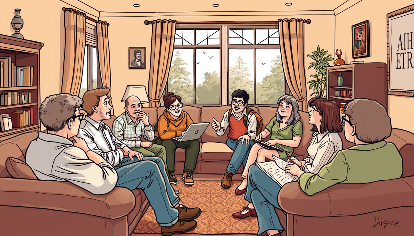 Main art studio: Ich benötige ein lustiges Comic. Es sollen ca. 10 Leute in einem Wohnzimmer, verteilt sitzen. Sie haben einen riesen Spaß denn sie hören sich die Mold