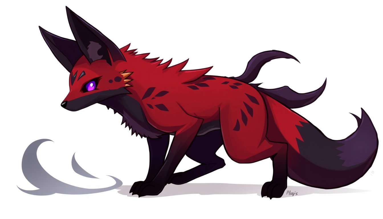 Main art studio: Original creature design for a monster-catching RPG. A Psychic/Dark type fox inspired by a ninja. Small agile fox with dark red and black fur, large e
