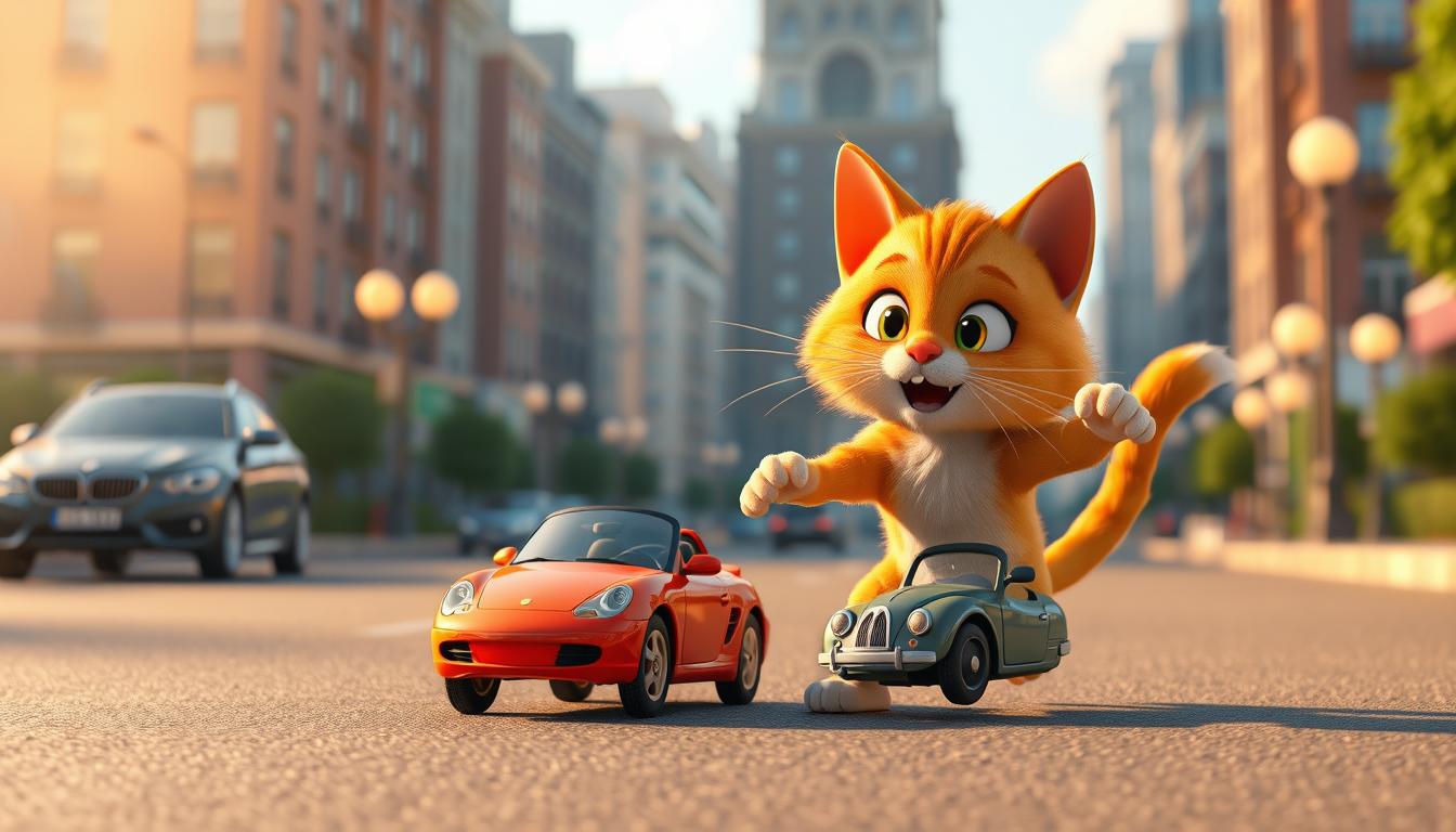 Main art studio: The same cute small orange cat bravely pushing a small toy car away from the road, heroic pose, dynamic action, beautiful city background, cinematic 3