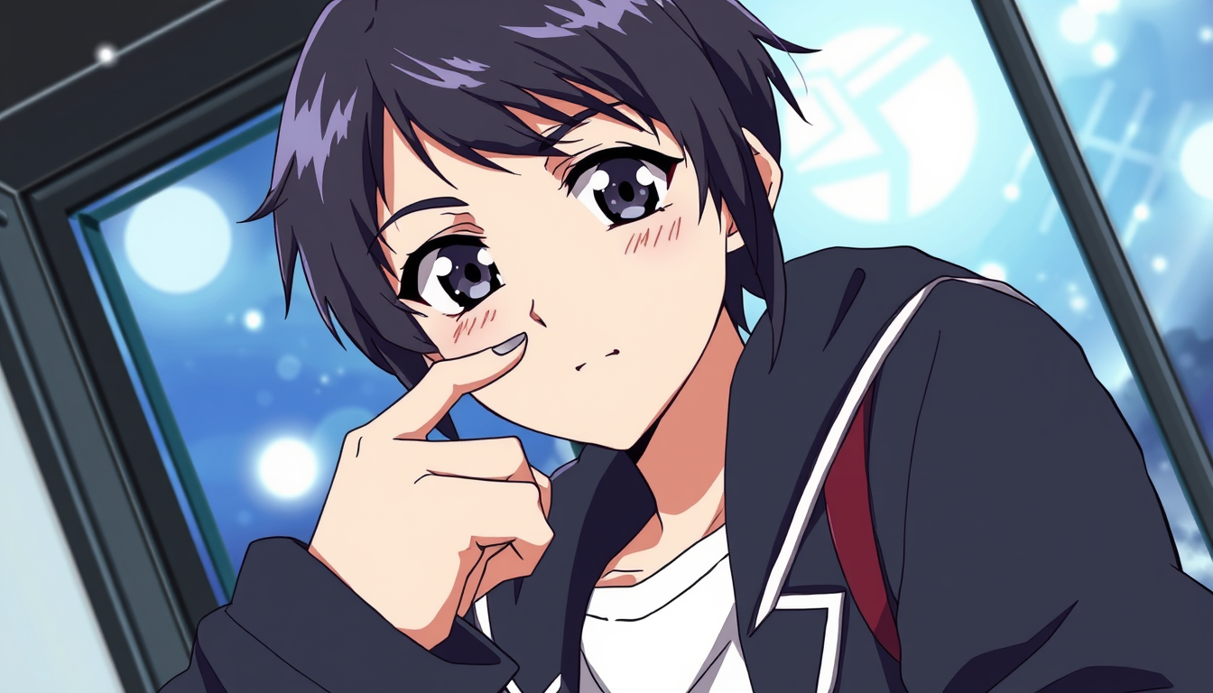 Anime idea: anime style, vibrant colors, expressive eyes, Dessine quelqu'un qui se touche monton en mode réflexion avec une main de face en mode mangas sans trame