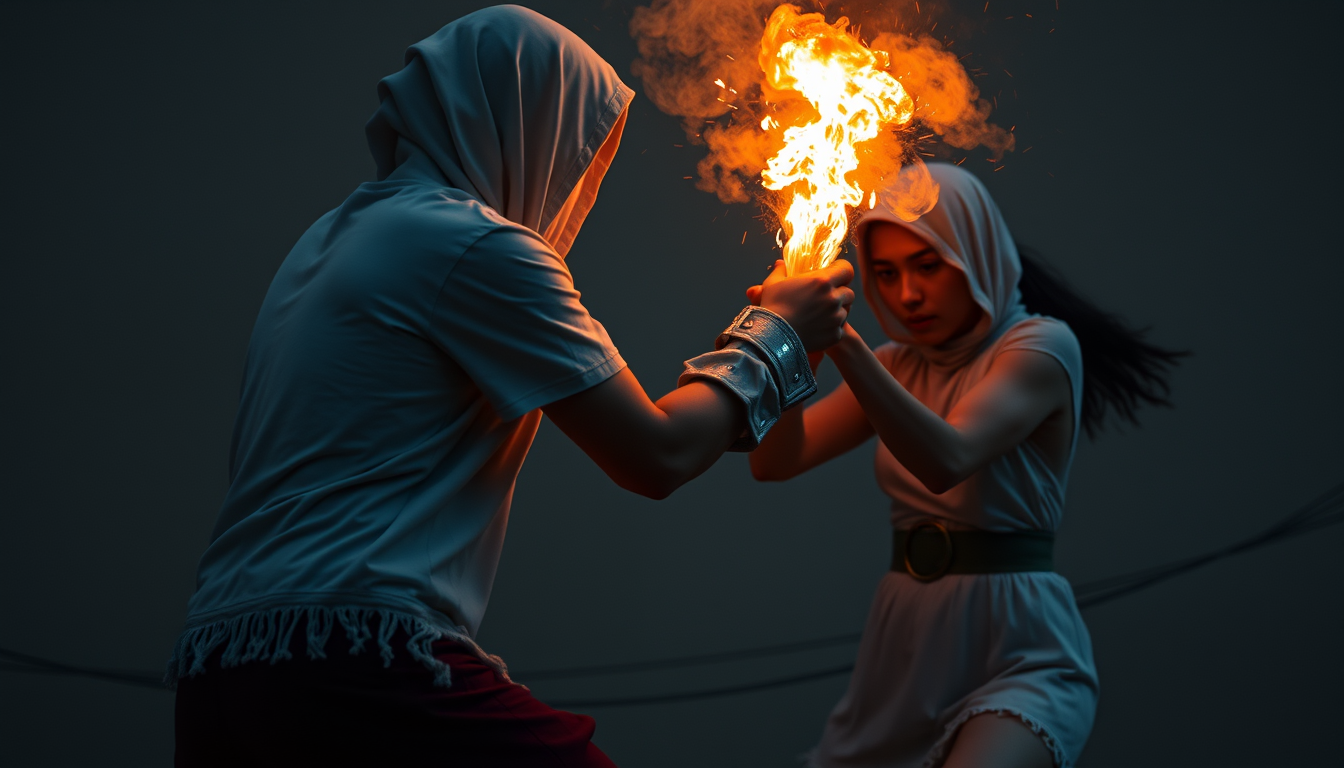Main art studio: crie 2 meninas lutando de quimono branco uma parda e uma escura pessoa de verdade