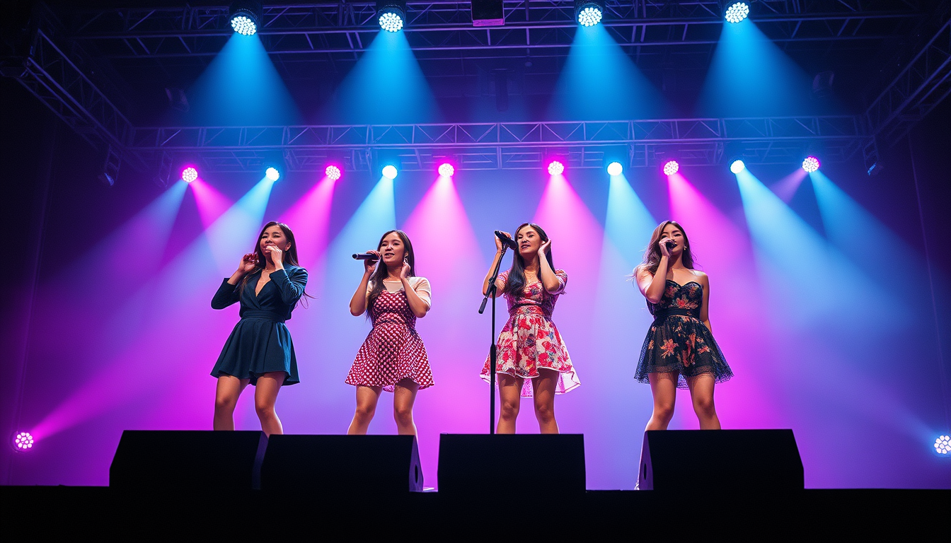 Main art studio: crie uma imagem com um grupo de k-pop em um palco cantando com seis meninas