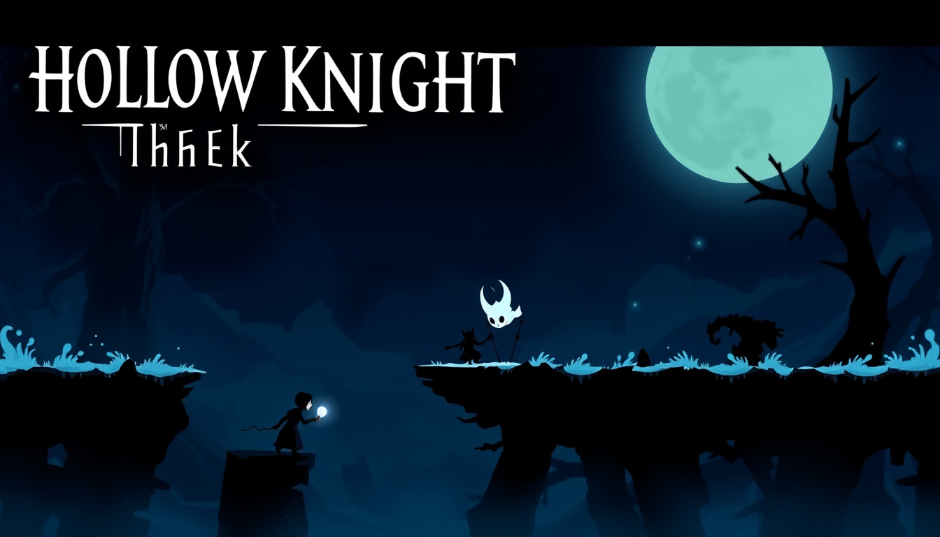 Main art studio: Hollow Knight، The Knight في مدينة الدموع، يواجه Soul Master، أجواء مظلمة وممطرة، أسلوب سينمائي احترافي، صورة أفقية 16:9، بدون كتابة.