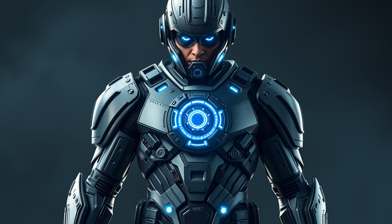 Main art studio: rea un personaje de cuerpo completo, visible desde la cabeza hasta los pies, con una armadura tecnológica futurista inspirada en las armaduras de supe