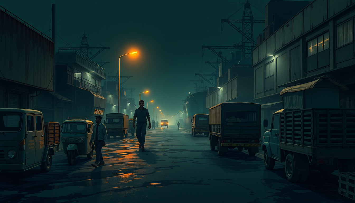 AI Art prompt example created from the prompt: A cinematic 1970s Mumbai harbor at night, narrow dockside streets beside cargo ships, weathered warehouses, dim sodium streetlights reflecti