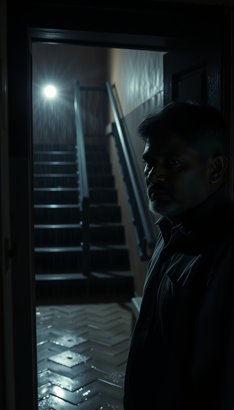 Main art studio: The same 23-year-old Sri Lankan man Kavindu from the reference image, standing inside an old dimly lit boarding house at night, the older Sri Lankan l