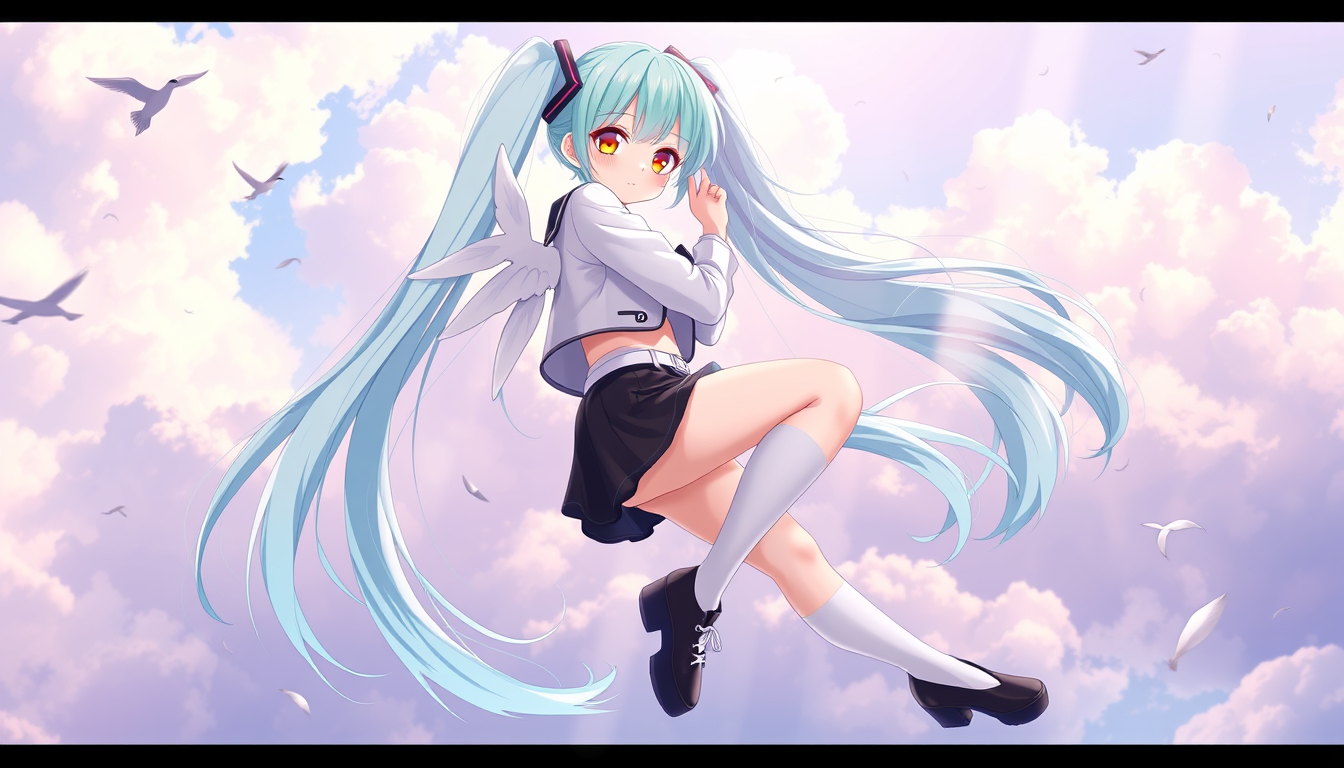 Main art studio: Feminine anime woman with pale skin, amber eyes, extremely long pastel-aqua twin-tails, lime bangs, subtle lavender strands, small white wings. White