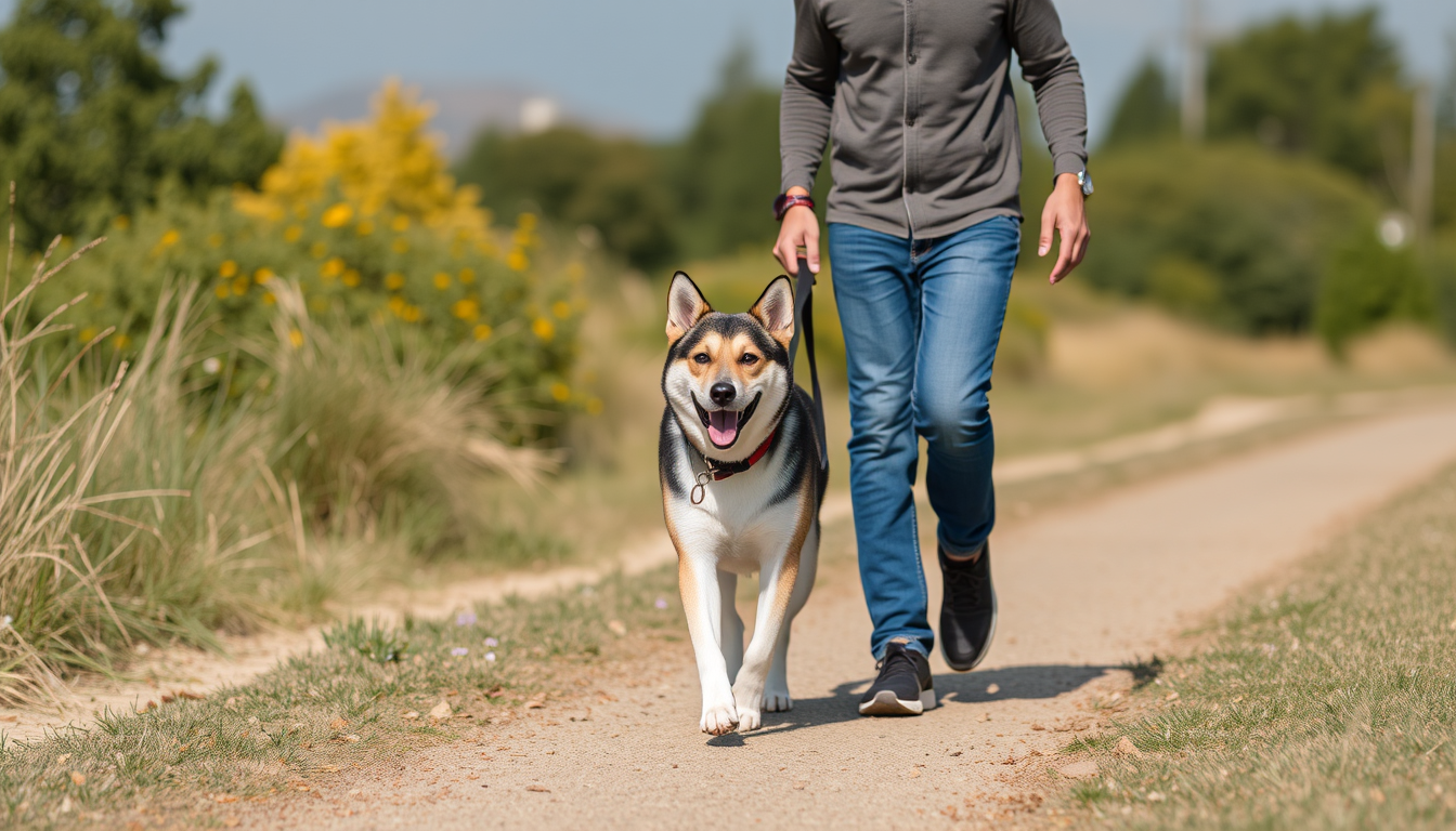 AI Art prompt example created from the prompt: men walk with kis dog
