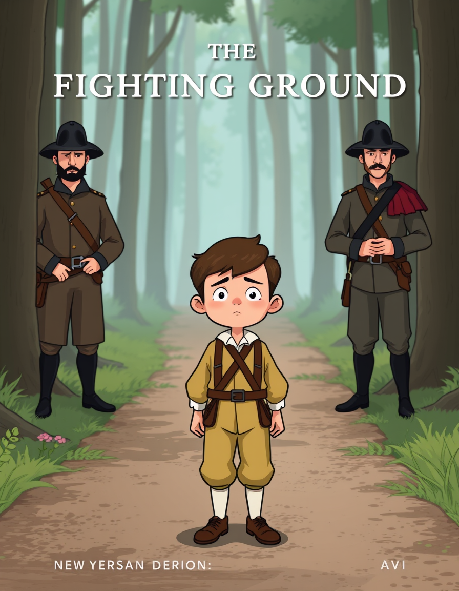AI Art prompt example created from the prompt: Create a clean, high-quality 2D internet meme illustration for a book cover titled The Fighting Ground by Avi. Jonathan, a young colonial bo
