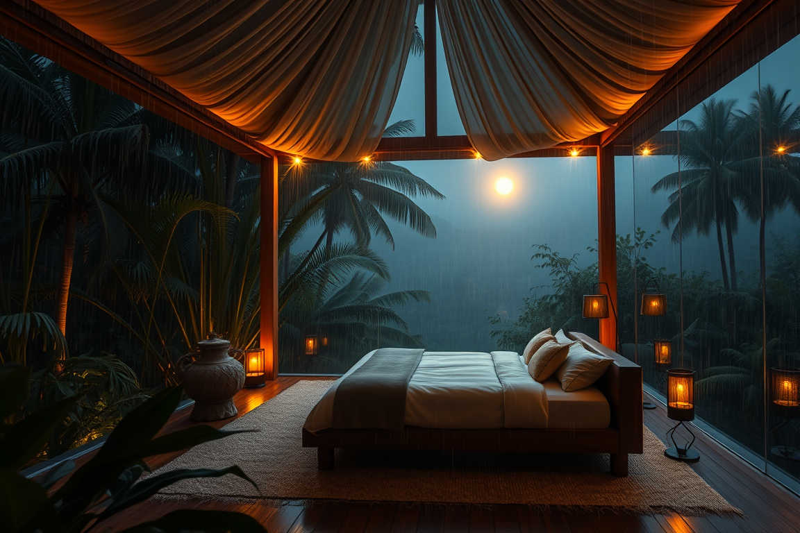 AI Art prompt example created from the prompt: Cabana de luxo em uma floresta tropical durante uma noite chuvosa, vista de um quarto sofisticado com enorme janela panorâmica. Chuva escorr