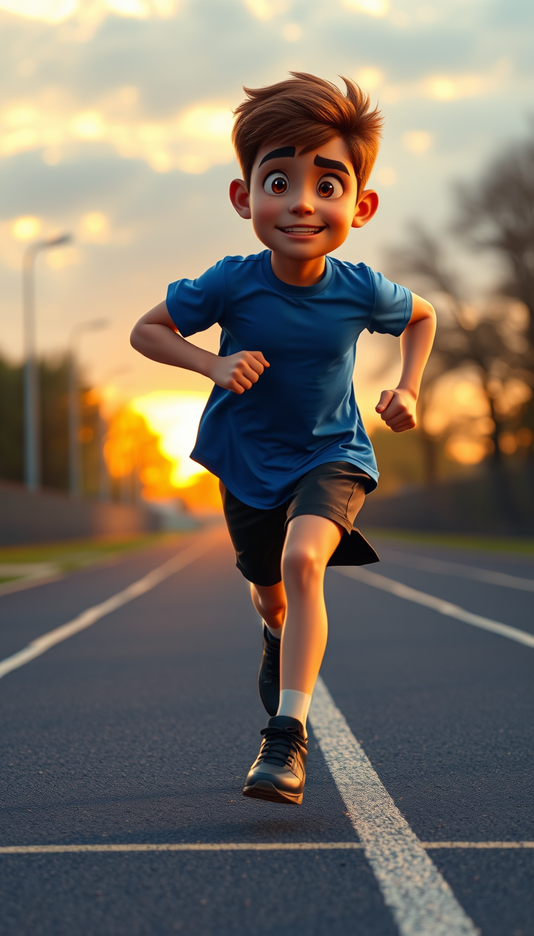 Main art studio: Same boy from the reference, same blue T-shirt, black shorts and black running shoes. Early morning, he is running alone on a quiet school track, trai