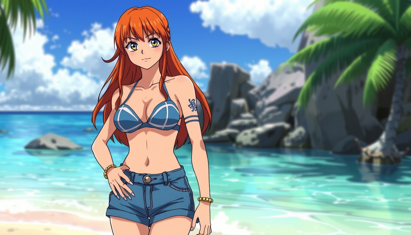 Main art studio: Prompt: Nami aus One Piece steht an einem tropischen Strand mit türkisblauem Wasser und weißem Sand. Sie hat langes, orangefarbenes Haar, braune Augen