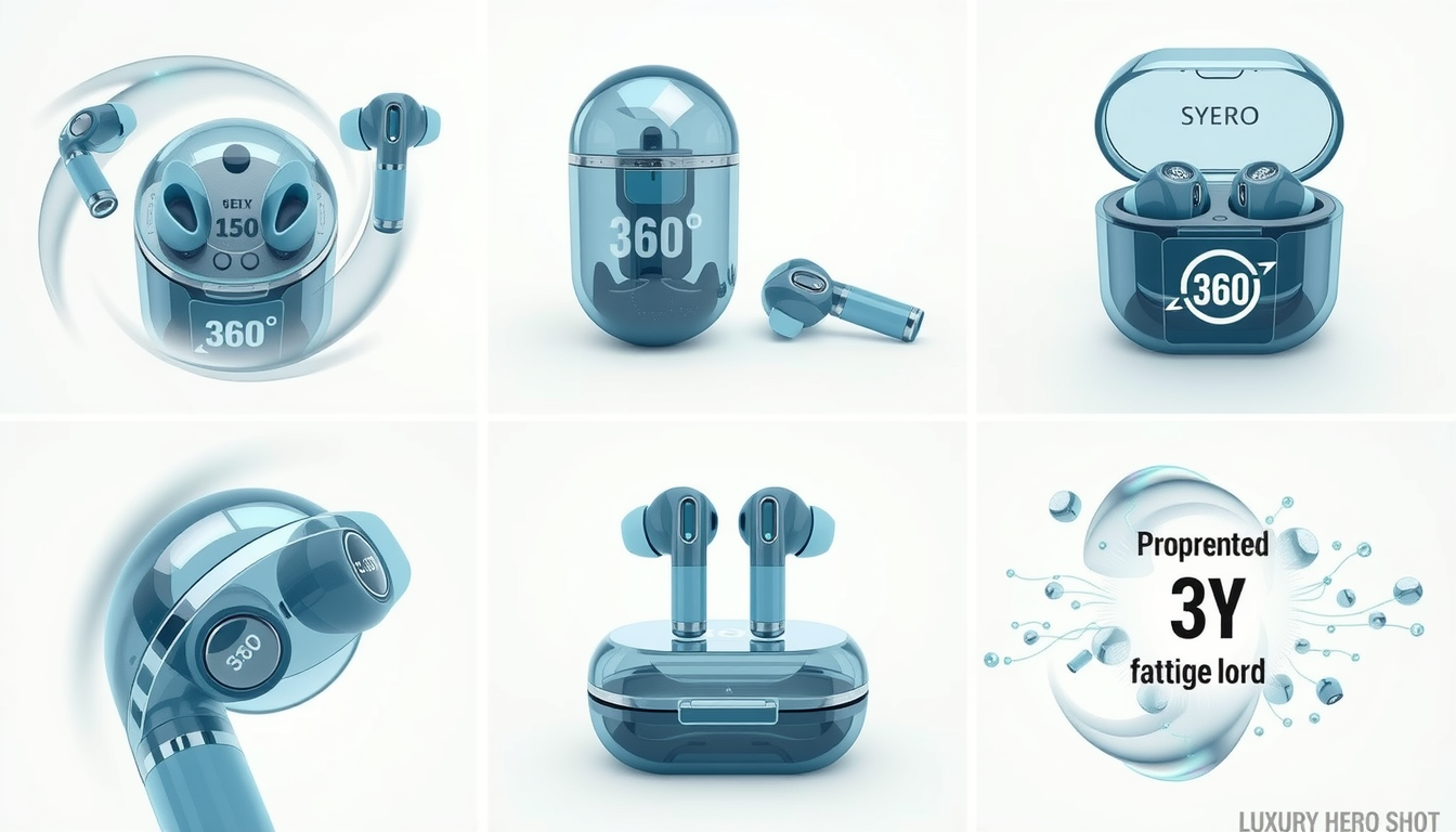 Main art studio: Create a premium 3D ad of transparent sky-blue wireless earbuds with a transparent charging case and LED battery display on a clean white background. 