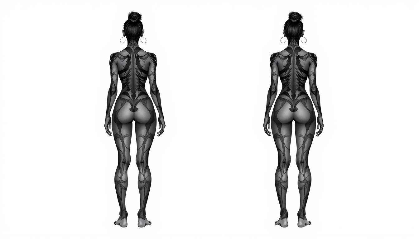 Main art studio: black and gray body art on a female figure, front back views