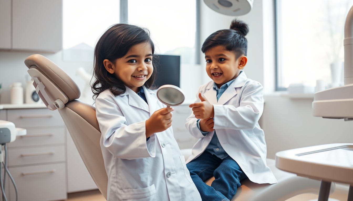 Main art studio: Photorealistic funny scene inside a modern dental clinic. A cute 3-year-old child dressed as a tiny dentist in a white dental coat is standing beside 