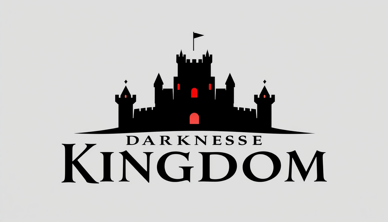 Logo idea: logo design, clean minimal mark, bold simple shapes, balanced composition, DARKNESS OF KINGDOM, clear gothic logo, light gray background, dark castle 