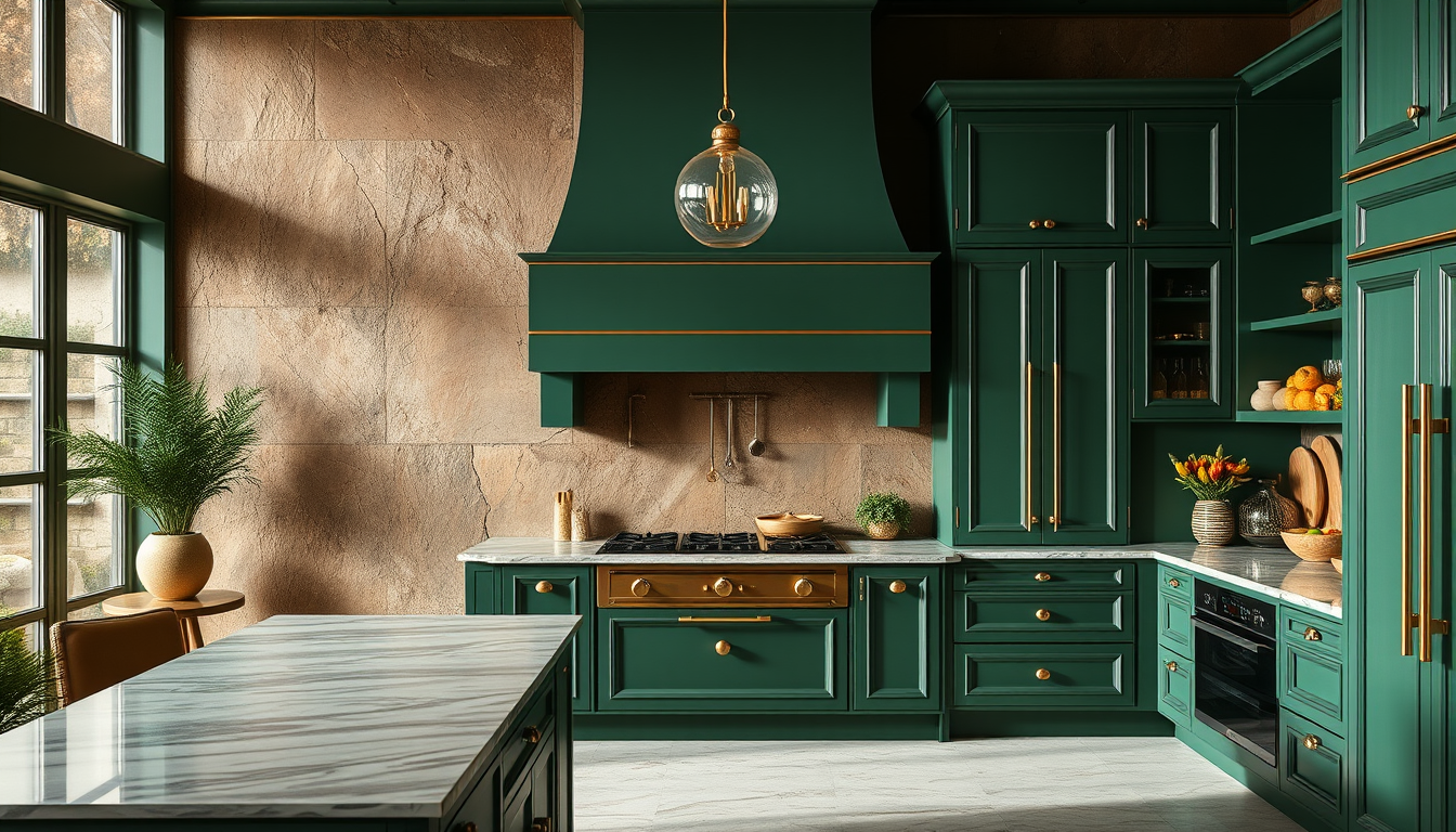 Main art studio: green kitchen with gold trim. Wall is rammed earth with green gold and browns in the background