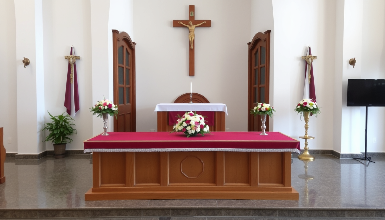 Main art studio: Modelo para un altar de iglesia evangélica de Asambleas de Dios, incluye 2 gradas, zona redondeada y zona de flores al medio Si sabes que los evangeli
