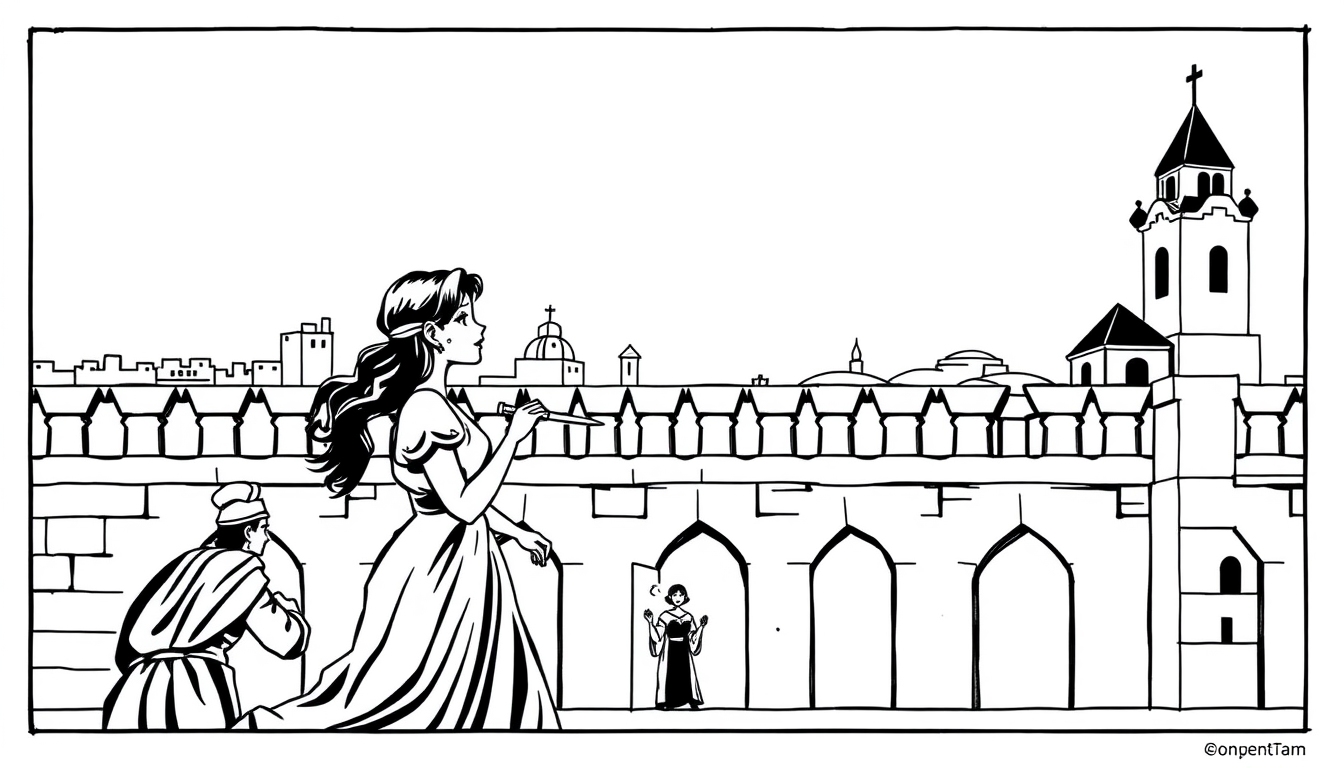 AI Comic idea created from the prompt: comic panel, bold inks, halftone shading, speech-bubble ready composition, Create a Romeo and Juliet comic in simple black-and-white anime s