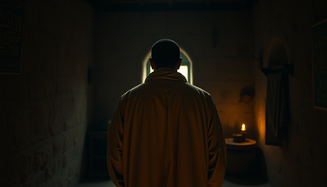 Main art studio: A respectful cinematic scene inspired by historical Arabia. Imam Ali (peace be upon him) is shown from behind, standing quietly inside a small, old, d