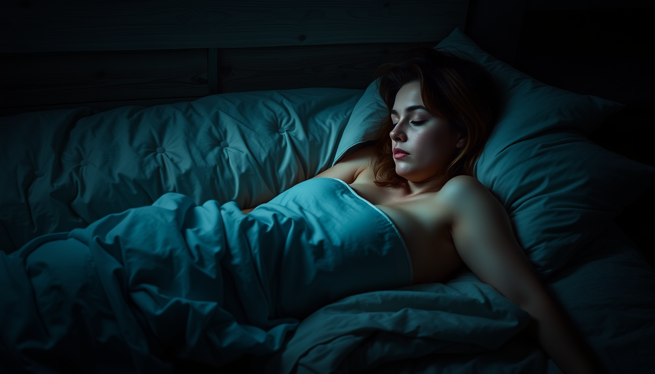 Main art studio: eine dame liegt im bett, sie hat nichts an. sie ist ca. 22-23 jahre alt. man sieht sie nur von hinten