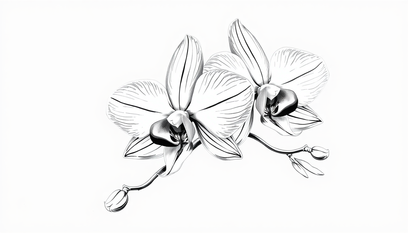 Main art studio: Ilustración: una Phalaenopsis con raíces, hojas, vara y flores señaladas todo en blanco y negro la imagen