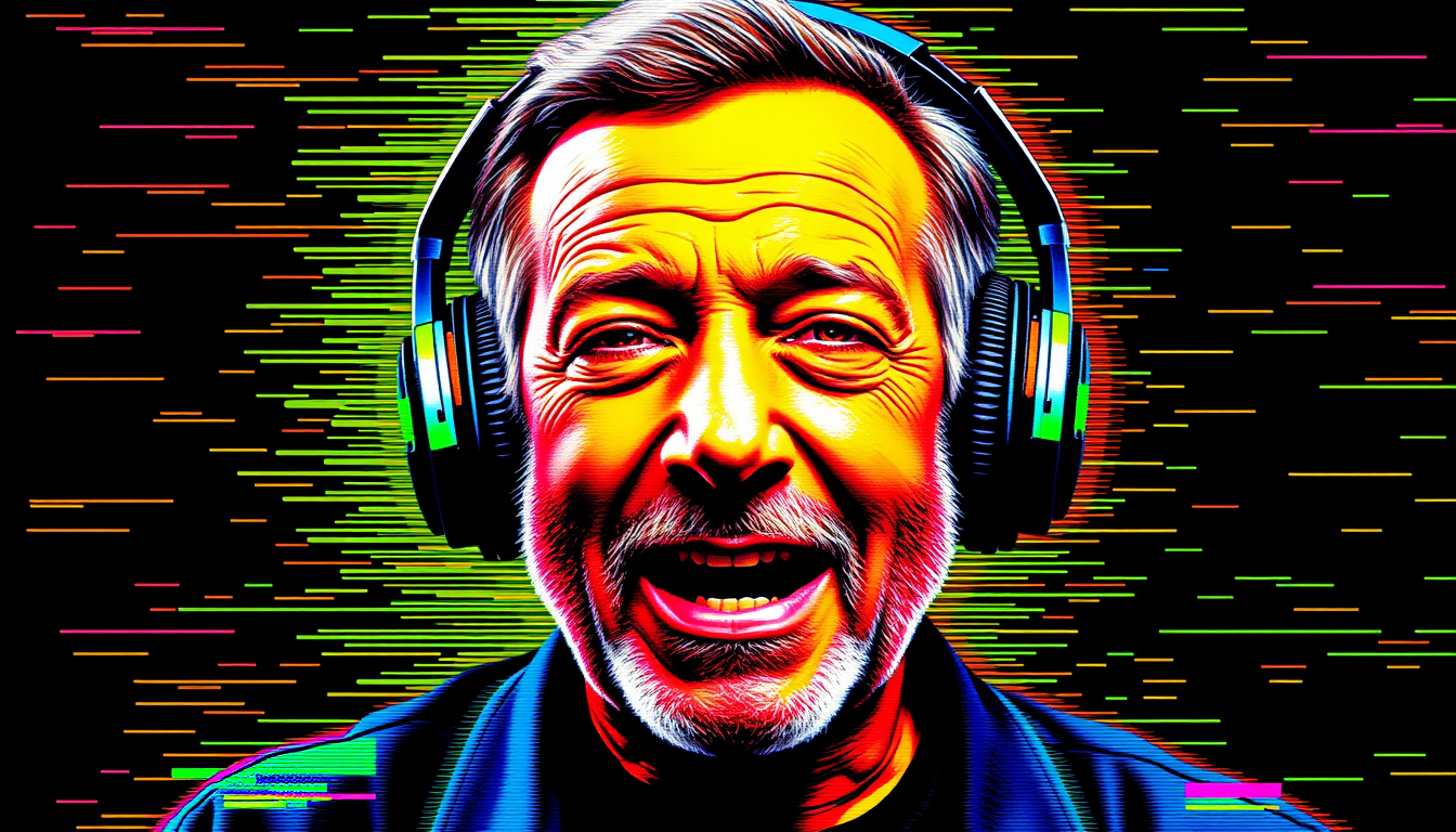 Main art studio: Robin Williams With a yellow head wearing headphones and listening to music, corrupted by digital glitches.Embrace the( pixelated glitich :1.3)and dis