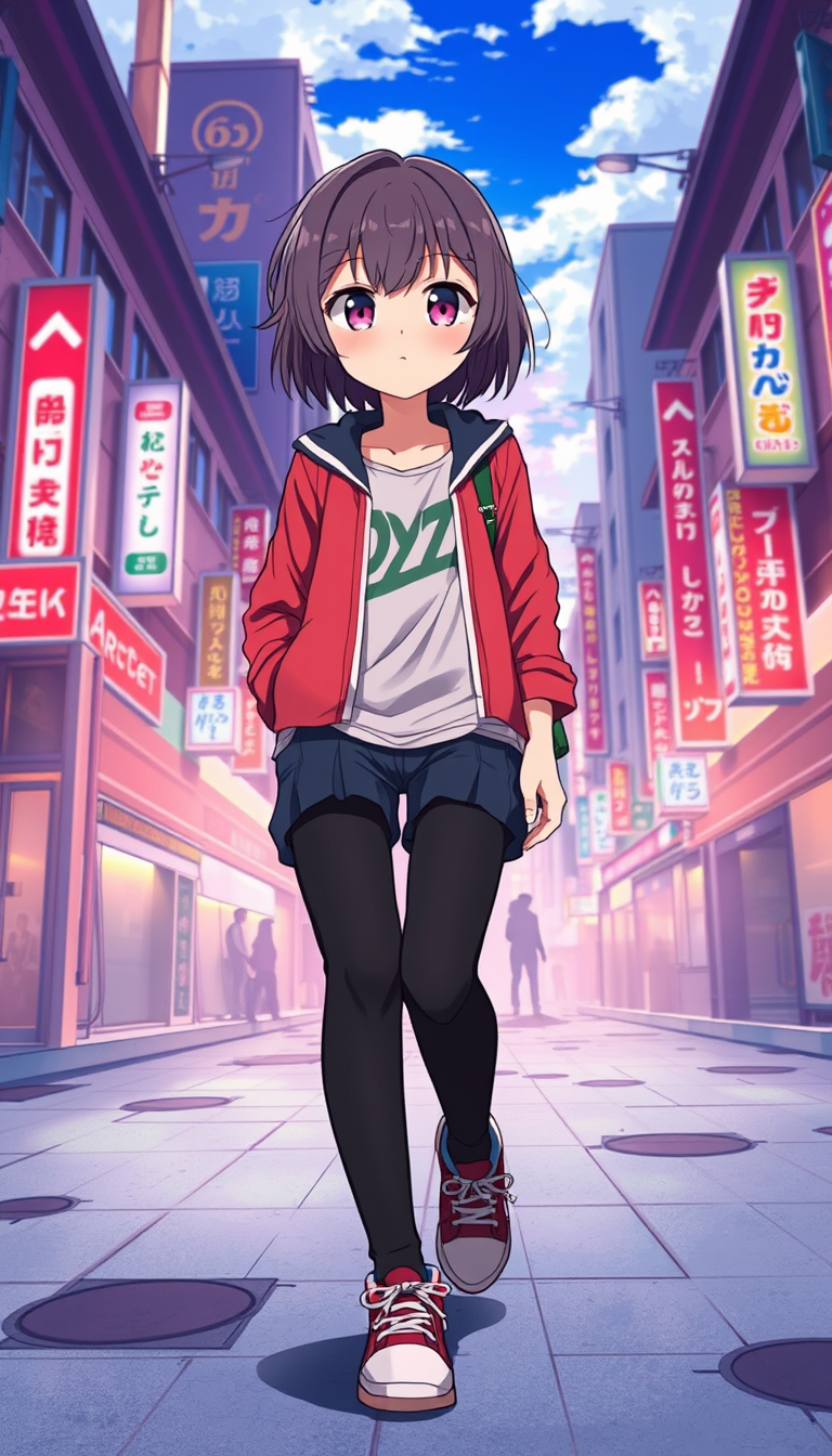 Anime idea: anime style, vibrant colors, expressive eyes, Person walking through city , detailed anime illustration